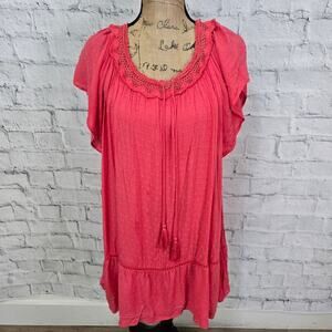 Symphony mini dress Sz S coral short sleeve boho lined summer A37